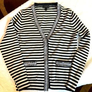 J Crew Black and Cream Striped Cardigan Sweater Size S